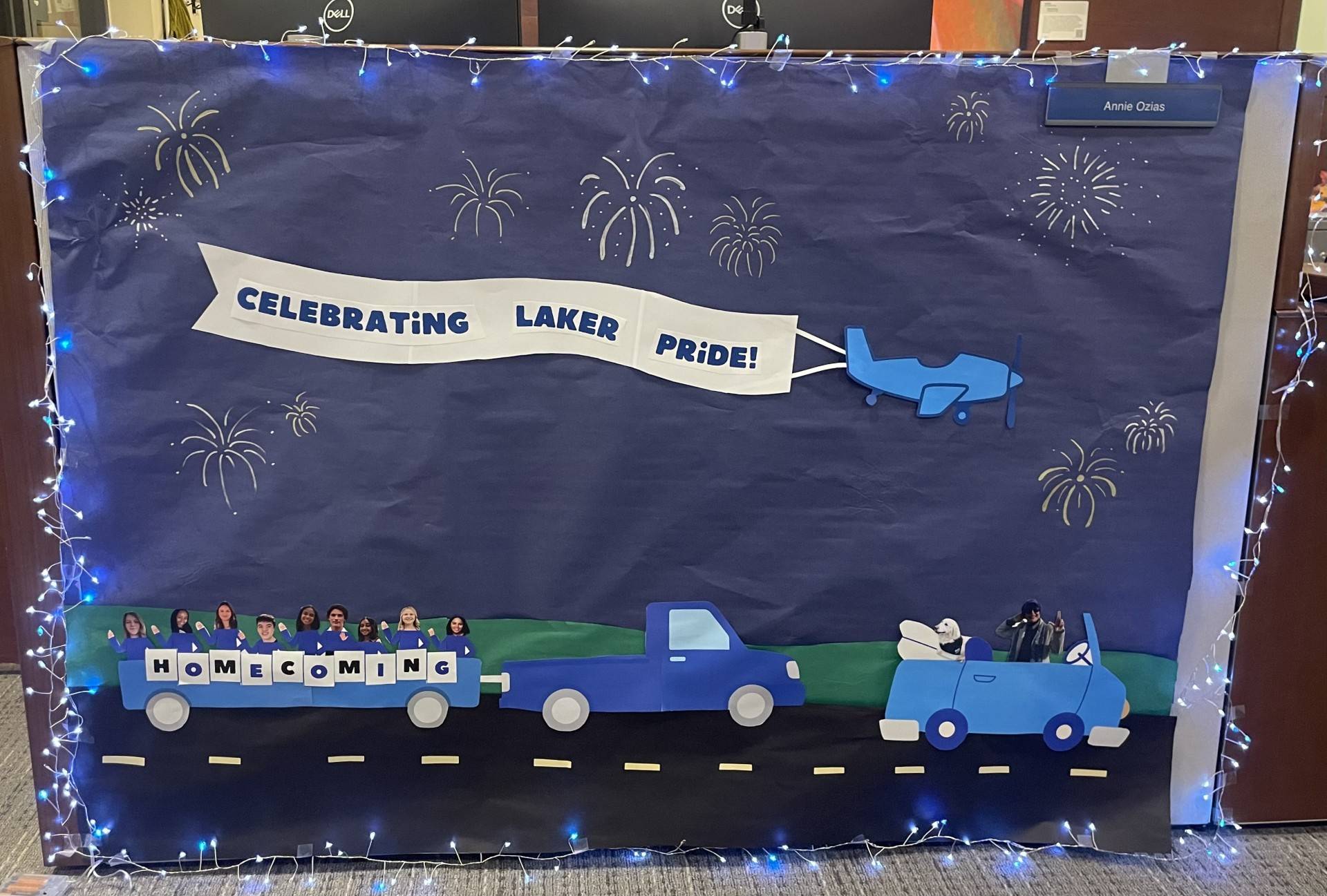President's Office Homecoming decor, "Celebrating Laker Pride" plane banner sign